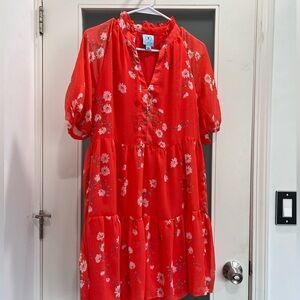 Bright orange salmon color dress with mid-length balloon sleeves S